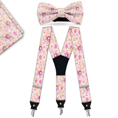 Set papion, batista, bretele, personalizat, model "Un botez de poveste pentru fetita ta"